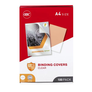 Red and white GBC box of clear A4 binding covers with an extra heavy protection shield, colour clear, 250 microns and 100 pack