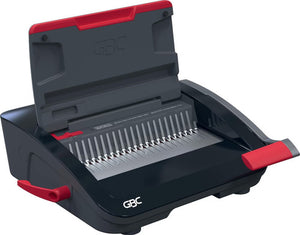 GBC CombBind CB20 manual comb binding machine in black and red with the lid raised and a row of comb pins in the opener
