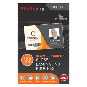 Front of a GBC 54 x 86 size 100 pack of 125 micron heavy durability gloss laminating pouches with a sample staff ID card