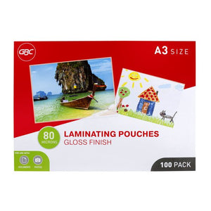 GBC red and white A3 size box of 80 micron gloss laminating pouches, 100 pack, with a beach photo and a child's house drawing on the front