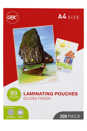 Front of the red and white GBC A4 size box of 80 micron gloss finish laminating pouches, 200 pack, with a beach photo and a child drawing of a house on the front