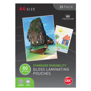 Front of the dark GBC A4 size 25 pack of 80 micron standard durability gloss laminating pouches with a beach and boat photo