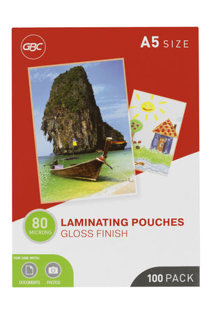 Flat front view of the red and white GBC A5 size box of 100 gloss finish laminating pouches, 80 microns, with a beach and boat photo