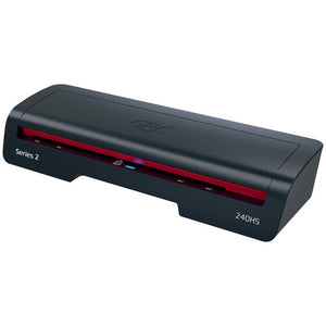 Angled front view of the GBC 240HS A3 pouch laminator in black with a red feed slot, printed Series 2 and 240HS on the front