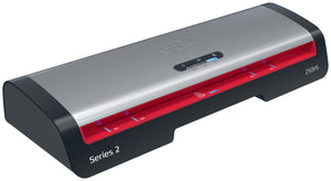 Angled front view from the left of the GBC 250HS A3 pouch laminator with a silver lid, black ends and red feed slot, printed Series 2 and 250HS