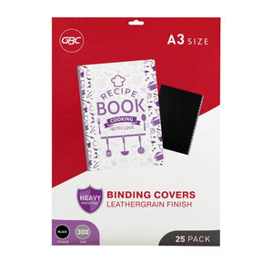 GBC A3 size binding covers pack with leathergrain finish in black, marked heavy protection, 300 GSM and 25 pack, showing a bound recipe book