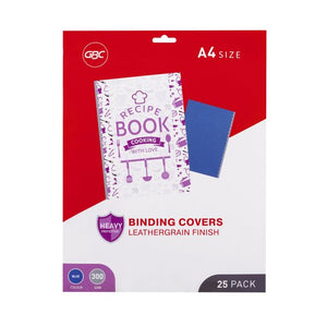 Current red and white GBC A4 binding covers leathergrain finish pack of 25 showing a blue cover behind a bound recipe book