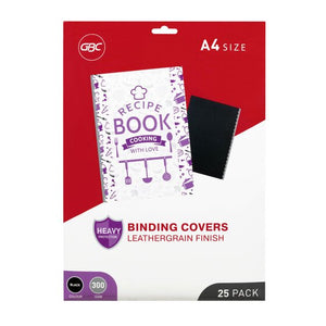 Red and white GBC pack of A4 leathergrain finish binding covers showing a black cover beside a bound book, with 300 gsm and 25 pack markers