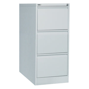 Rapidline Go 3 drawer vertical filing cabinet in Silver Grey shown at a front angle with all drawers closed.