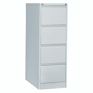 Rapidline Go 4 drawer vertical filing cabinet in Silver Grey shown at a front angle with all drawers closed.