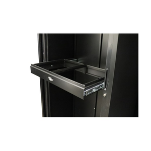 Black Rapidline Go roll out file frame pulled forward from a black tambour cupboard on its runners, shown empty