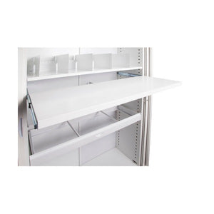 White Rapidline Go pull out file shelf extended from a white tambour cupboard, with shelf dividers on the shelf above