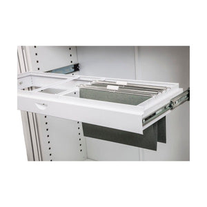 White Rapidline Go roll out file frame pulled forward from a white tambour cupboard, loaded with green suspension files
