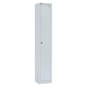 Rapidline Go 1 door steel locker in silver grey, 380mm wide and 1830mm high, front three-quarter view with its single full height door closed
