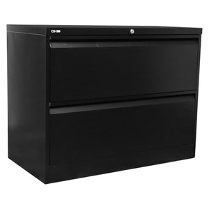 Rapidline Go two drawer lateral filing cabinet in Black Satin, front view with drawers closed.