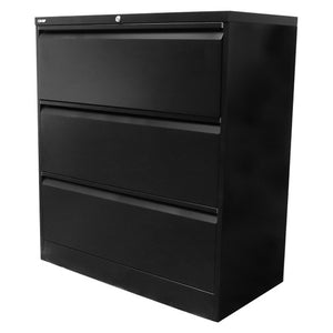 Rapidline Go three drawer lateral filing cabinet in Black Satin, front view with drawers closed.