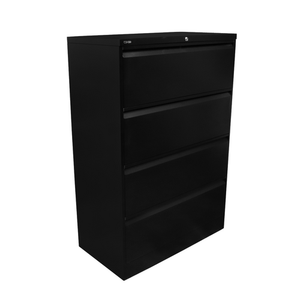 Rapidline Go four drawer lateral filing cabinet in Black Satin, front view with drawers closed.