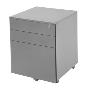 Rapidline Go steel mobile pedestal in Precious Silver with three drawers closed and a key lock on the top drawer, shown on castors.