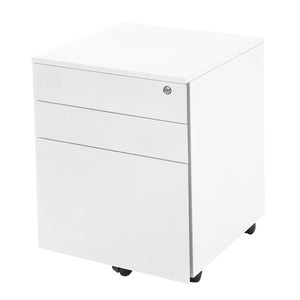 Rapidline Go steel mobile pedestal in White China with three drawers closed and a key lock on the top drawer, shown on castors.