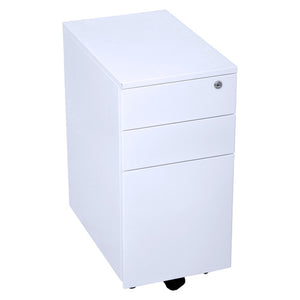 Rapidline Go slimline steel mobile pedestal in White China with three drawers closed and a key in the top drawer lock.
