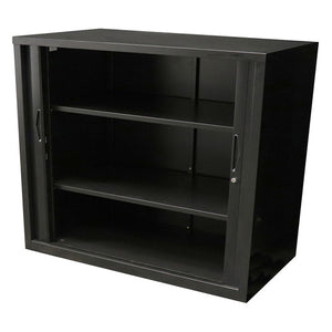 Rapidline Go tambour door cupboard in Black Satin with the tambour doors rolled back to show the two adjustable shelves inside.