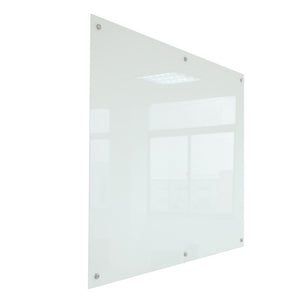 Rapidline Glass Writing Board with Chrome Fittings seen at an angle, a plain white glass panel standing off the wall on chrome fittings.