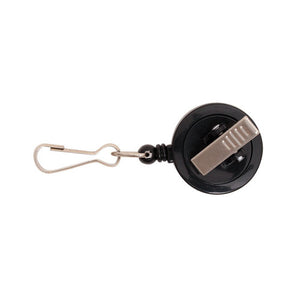 Back of the Kevron ID1021 black badge reel showing the metal clip, with a metal hook on the end of the cord