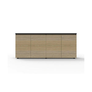 Rapidline Deluxe Infinity 4 door swing cupboard in natural oak with black edging, front view with all four doors closed