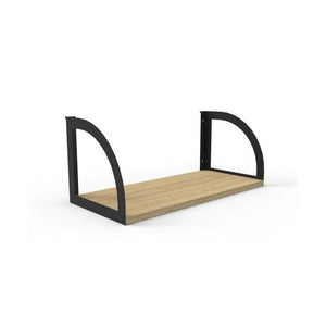 Rapid Infinity screen hung shelf with a natural oak melamine shelf and black curved steel brackets, on a white background