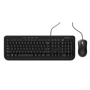 Incase Designed by Microsoft Wired Desktop 600 black keyboard and corded mouse, top view on a plain white background
