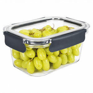 Italplast 1300ml clear Snap Lock Food Container filled with fresh green grapes and presented against a clean white background. The isolated product view clearly displays the transparent rectangular body, matching clear lid and contrasting dark snap lock closures, highlighting a practical compact container for storing fruit, snacks, leftovers and other everyday foods.
