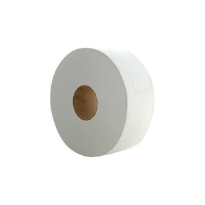 Jumbo toilet roll in white tissue, unwrapped, on a brown cardboard core