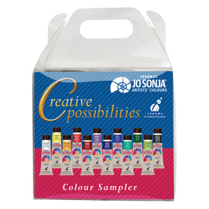 Jo Sonja's Creative Possibilities colour sampler carry pack showing twelve 20ml tubes on a blue and pink label