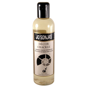 Jo Sonja's Decor Crackle 250ml clear bottle of pale amber liquid with black cap, marbled black label band and grey shell logo