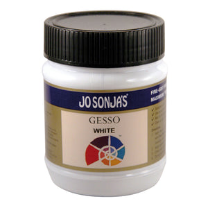 Jo Sonja's Gesso White 250ml white jar with ribbed black screw lid, navy label band and multicolour shell logo on a cream panel