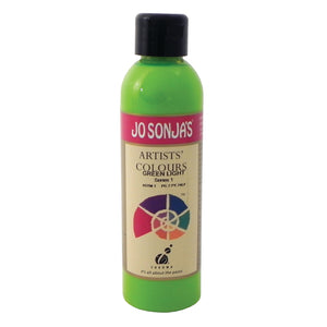 Jo Sonja's Artists' Colours Green Light 250ml bottle with black flip-top cap and pink Jo Sonja's label, bright lime green paint showing through the bottle