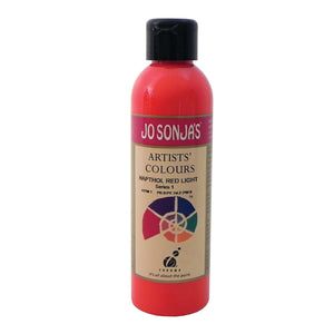 Jo Sonja's Artists' Colours Napthol Red Light 250ml bottle with black flip-top cap and pink Jo Sonja's label, bright scarlet paint showing through the bottle