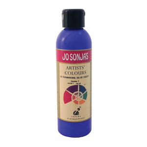 Jo Sonja's Artists' Colours Ultramarine Blue Deep 250ml bottle with black flip-top cap and pink Jo Sonja's label, vivid royal blue paint showing through the bottle