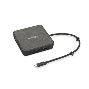 Kensington MD120U4 USB4 portable docking station with grey fabric top and attached cable, angled view