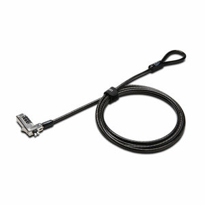 Single Kensington Slim Combination Laptop Lock from the 25 pack, with coiled black cable, loop end and 4-wheel lock head