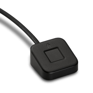 Kensington VeriMark Desktop Fingerprint Key reader, a black square pad on its cable, angled close-up