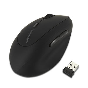 Kensington Pro Fit left-handed wireless mouse in black shown with its USB receiver