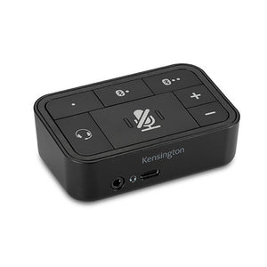 Kensington Universal 3-in-1 Pro Audio Headset Switch in black, angled view of the top buttons and front headset ports