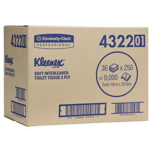 Kimberly-Clark Professional shipping carton for Kleenex Soft Interleaved Toilet Tissue 2 Ply code 4322, printed 36 x 250 = 9,000 and each sheet 10cm x 20.5cm