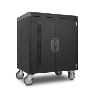 Kensington AC32 32 bay charging cabinet in black steel with twin front doors, push handle and four castors