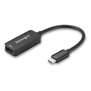 Kensington CV4200H USB-C to HDMI adapter in black, angled view of the HDMI socket housing and short lead ending in a USB-C plug