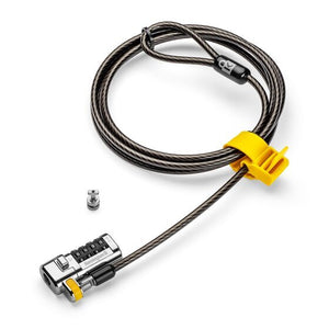 Kensington ClickSafe combination laptop lock with coiled cable, yellow cable holder, silver and black lock head and small silver anchor