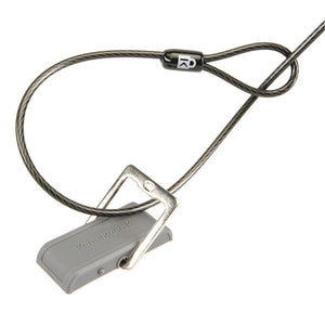 Kensington desk mount security anchor with a grey base and raised steel loop, a lock cable looped through it