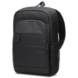 Black Kensington EQ 16 inch Laptop Backpack, front three-quarter view with the zippered front compartment