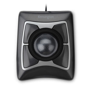 Top view of the Kensington Expert Mouse Wired Trackball in black and grey with the large ball, Scroll Ring and four buttons